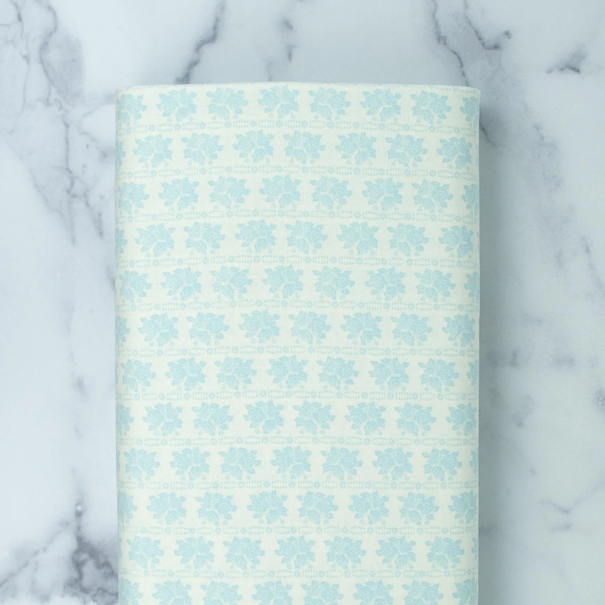 Bespoke Blooms by Brenda Riddle Acorn Quilts - Rose Rows in Rain Light Blue on Cream Background