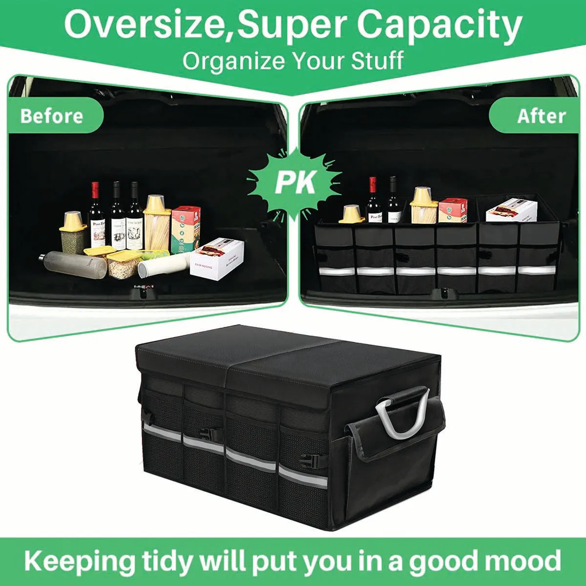 Big Trunk Organizer, Cargo Organizer SUV Trunk Storage Waterproof Collapsible Durable Multi Compartments VE12994