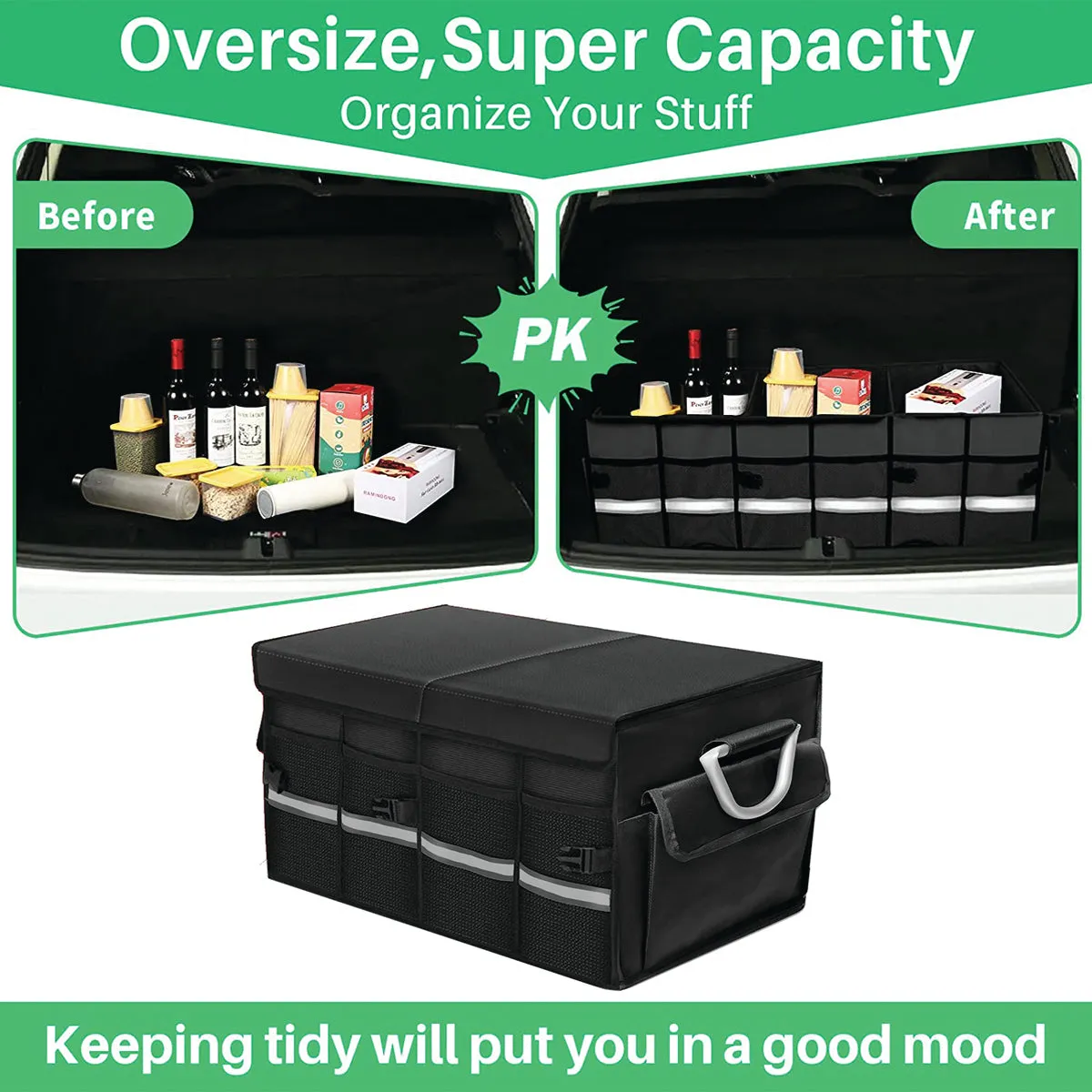 Big Trunk Organizer, Custom-Fit For Car, Cargo Organizer SUV Trunk Storage Waterproof Collapsible Durable Multi Compartments WaMY253