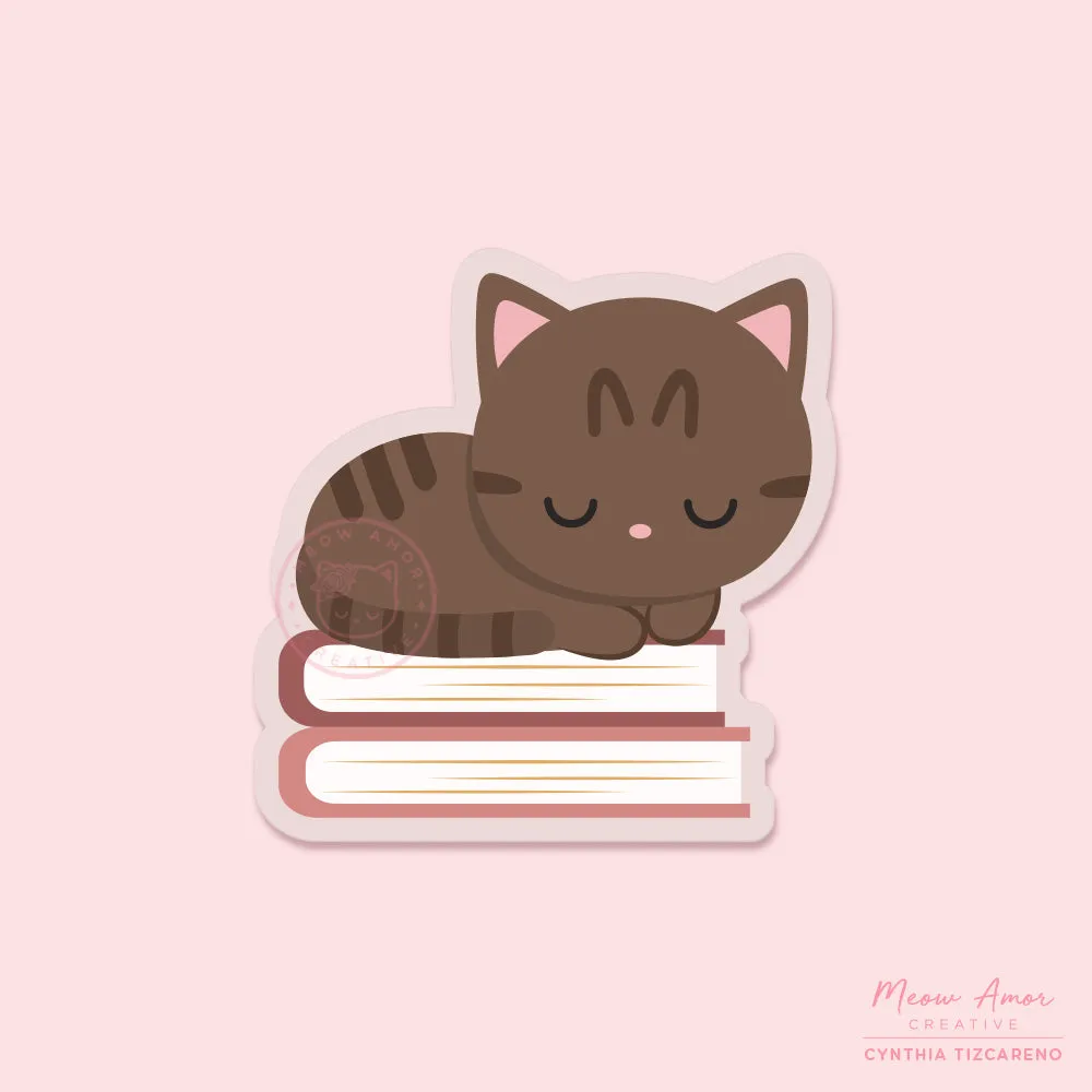 Brown Tabby Cat Books Vinyl Sticker