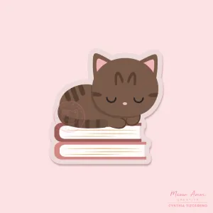 Brown Tabby Cat Books Vinyl Sticker