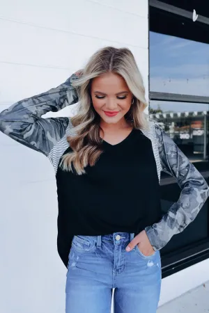 Camo Casual Accent Raglan Sleeve Top