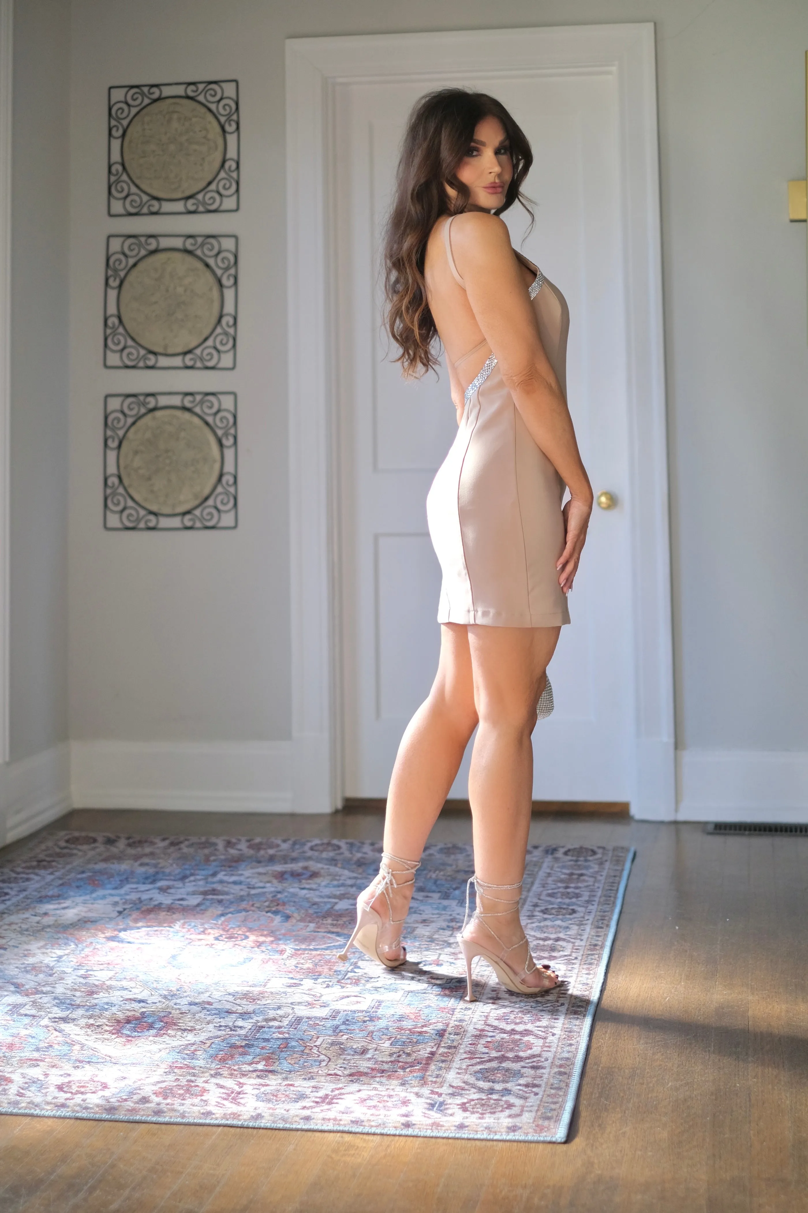 Candice taupe embelished woven mini dress with open back