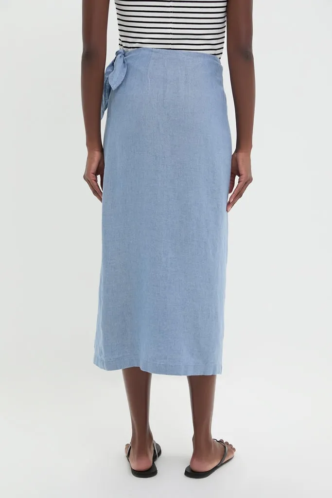 Channel Blue Delave Linen Tie Wrap Skirt
