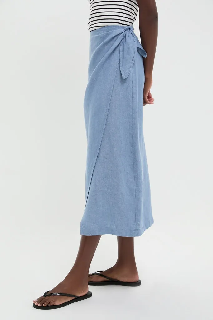 Channel Blue Delave Linen Tie Wrap Skirt