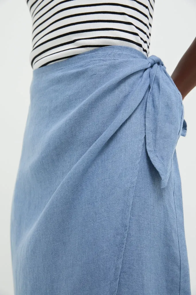 Channel Blue Delave Linen Tie Wrap Skirt