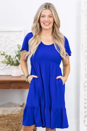 Cobalt Scoop Neck Smocking Woven Dress