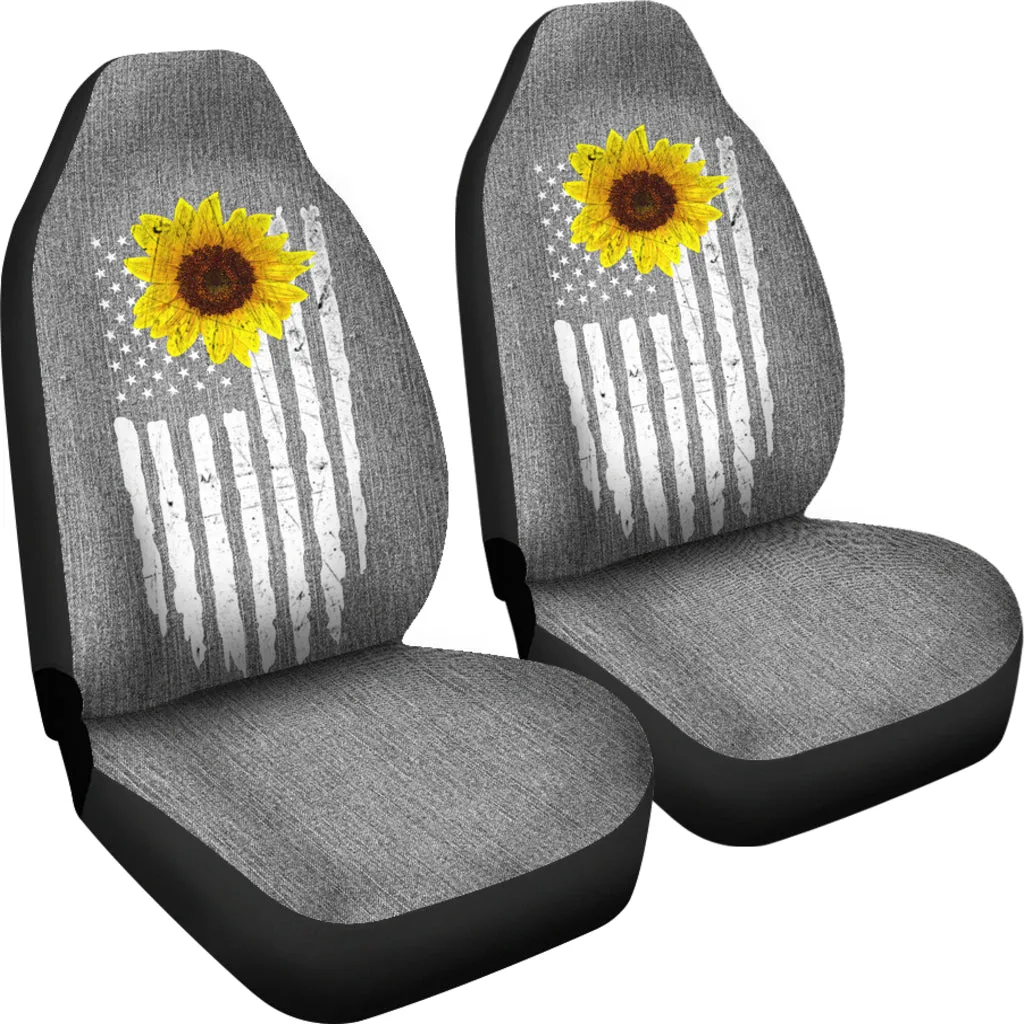 Distressed American Flag With Rustic Sunflower on Light Gray Denim Style Car Seat Covers