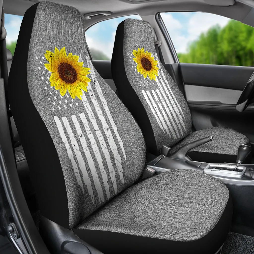 Distressed American Flag With Rustic Sunflower on Light Gray Denim Style Car Seat Covers