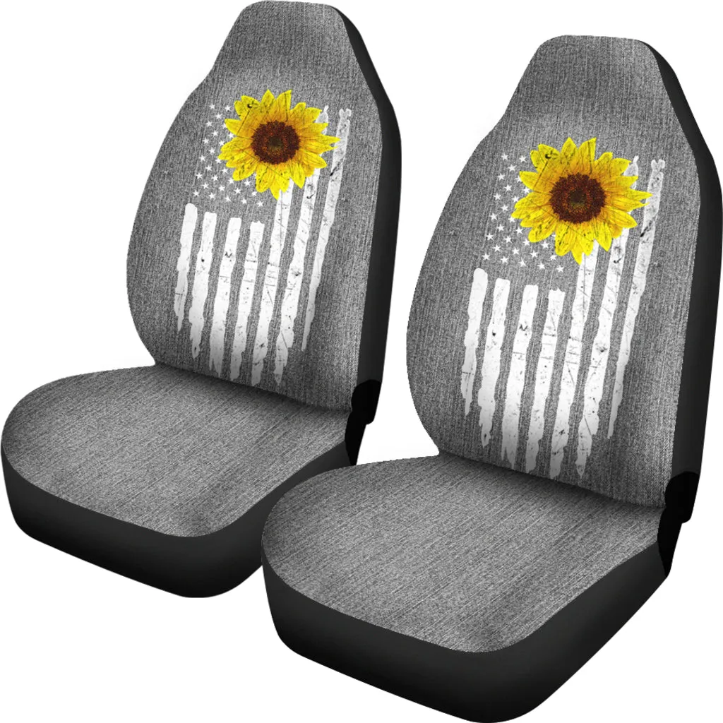 Distressed American Flag With Rustic Sunflower on Light Gray Denim Style Car Seat Covers