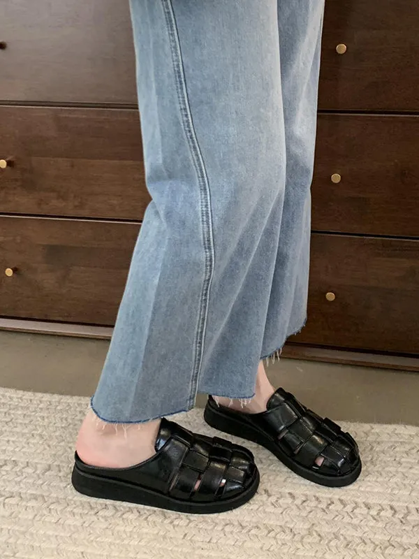 Hollow Round-Toe Split-Joint Woven Sandals Slippers&Mules