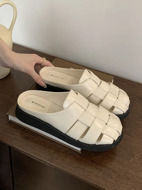 Hollow Round-Toe Split-Joint Woven Slippers&Mules Sandals