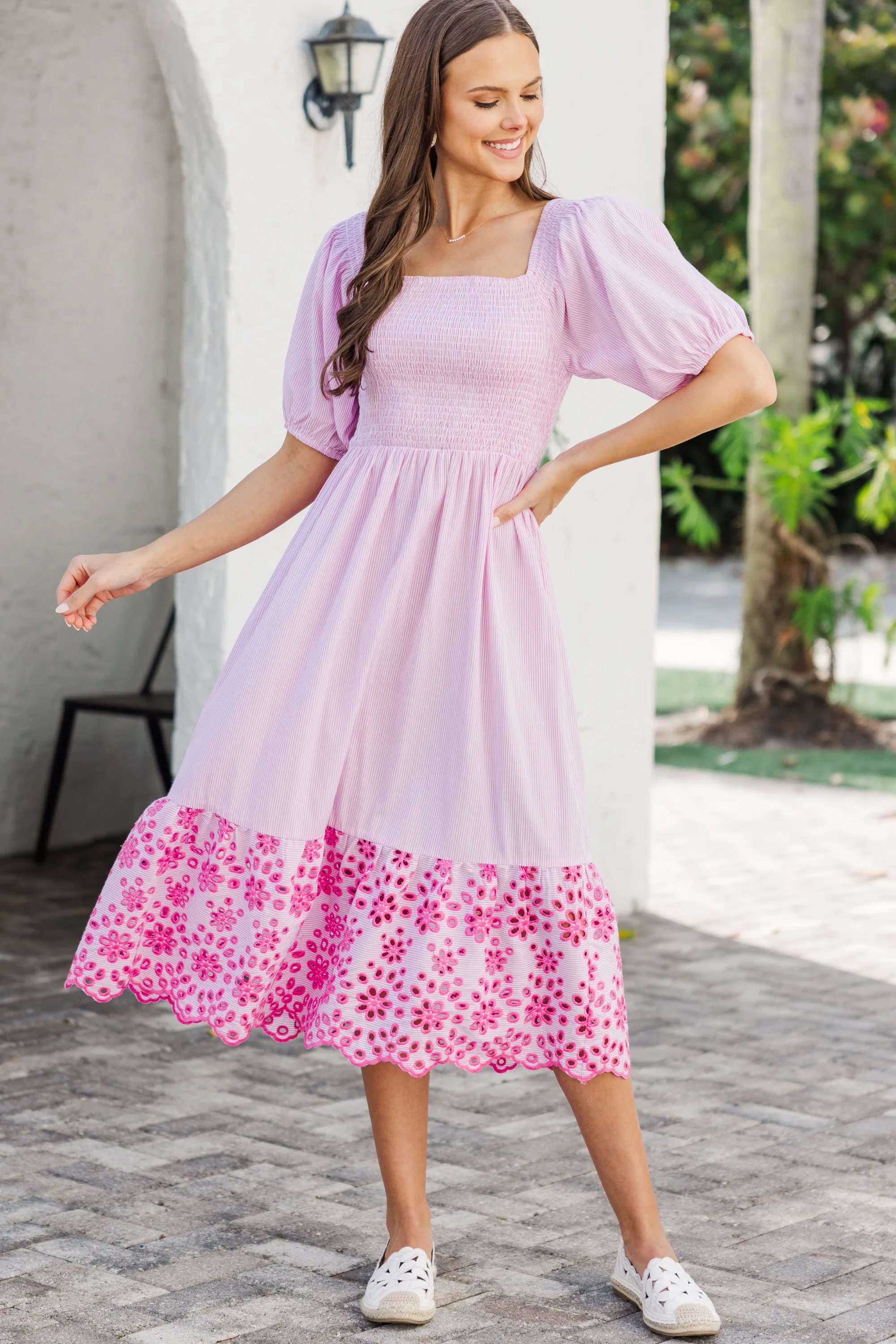 In Good Form Pink Striped Midi Dress