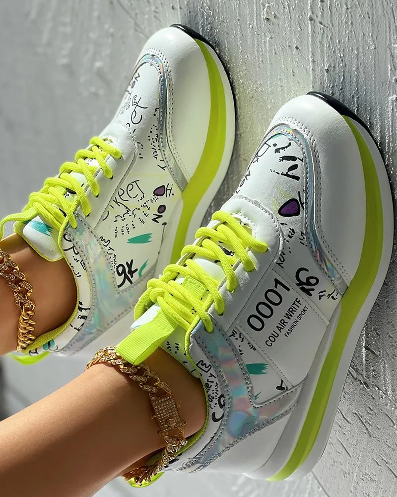 Lace up Letter Graphic Pattern Muffin Sneakers