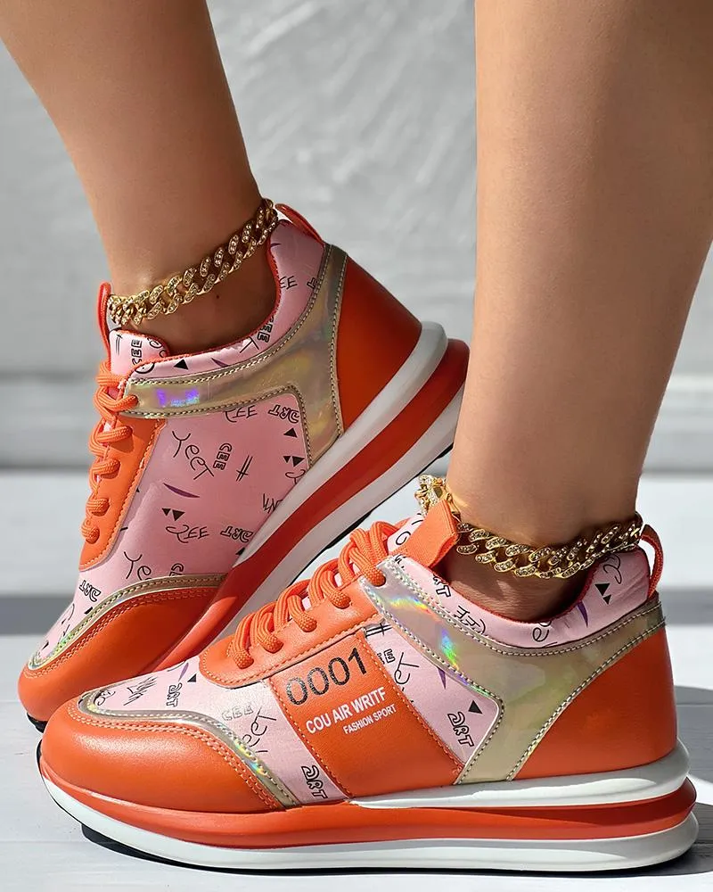 Lace up Letter Graphic Pattern Muffin Sneakers
