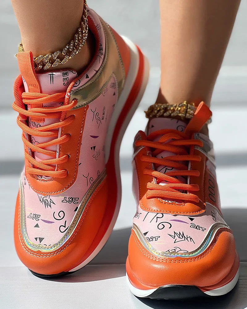 Lace up Letter Graphic Pattern Muffin Sneakers