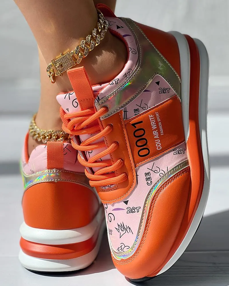 Lace up Letter Graphic Pattern Muffin Sneakers