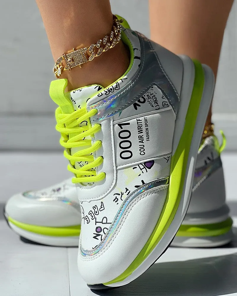 Lace up Letter Graphic Pattern Muffin Sneakers