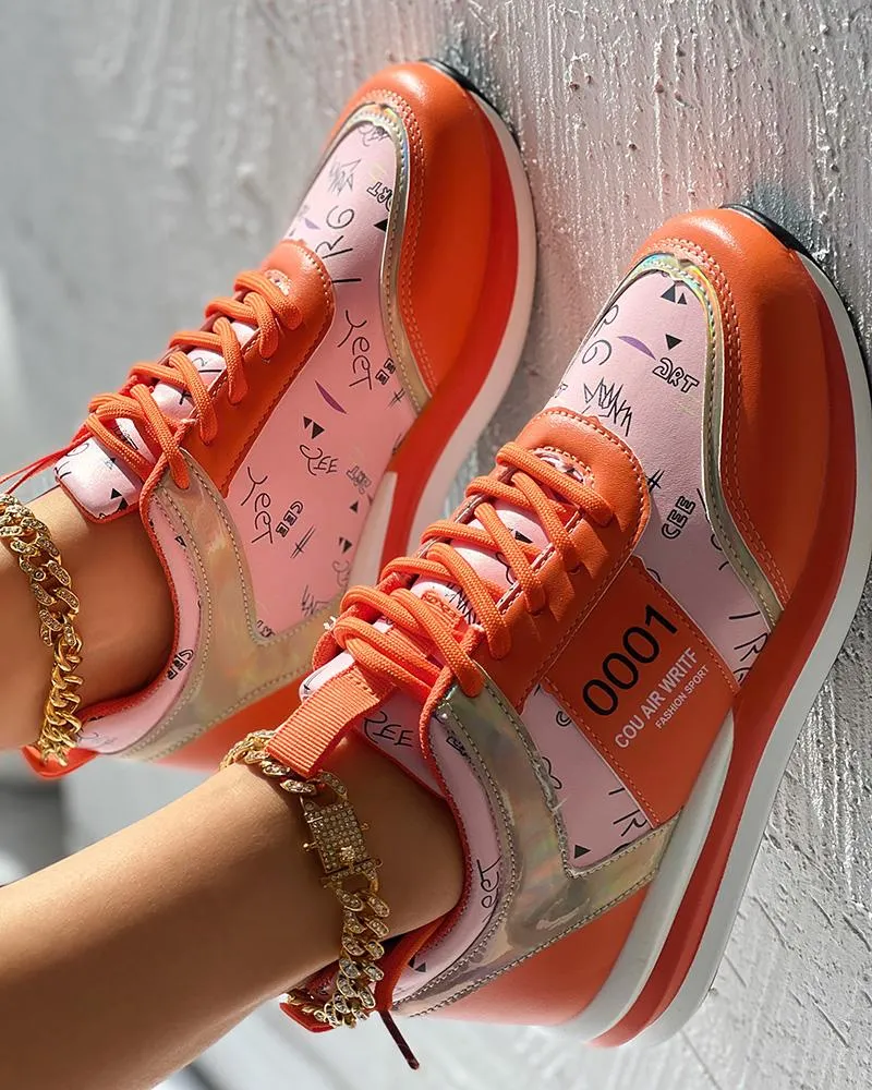 Lace up Letter Graphic Pattern Muffin Sneakers