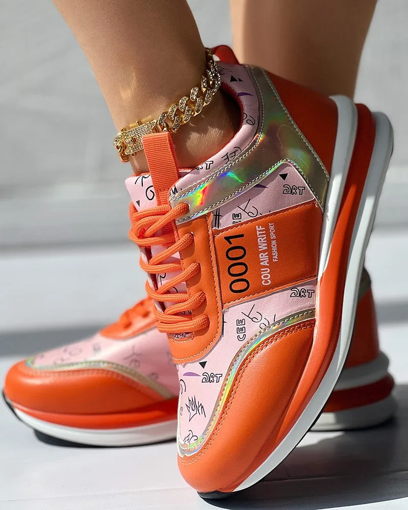 Lace up Letter Graphic Pattern Muffin Sneakers