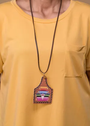 Leather Cow Ear Tag Necklace - Serape Skull