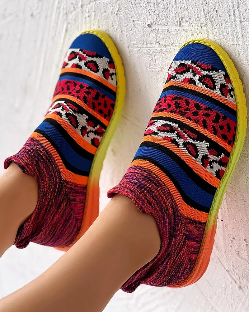 Leopard Pattern Colorblock Slip On Sneakers