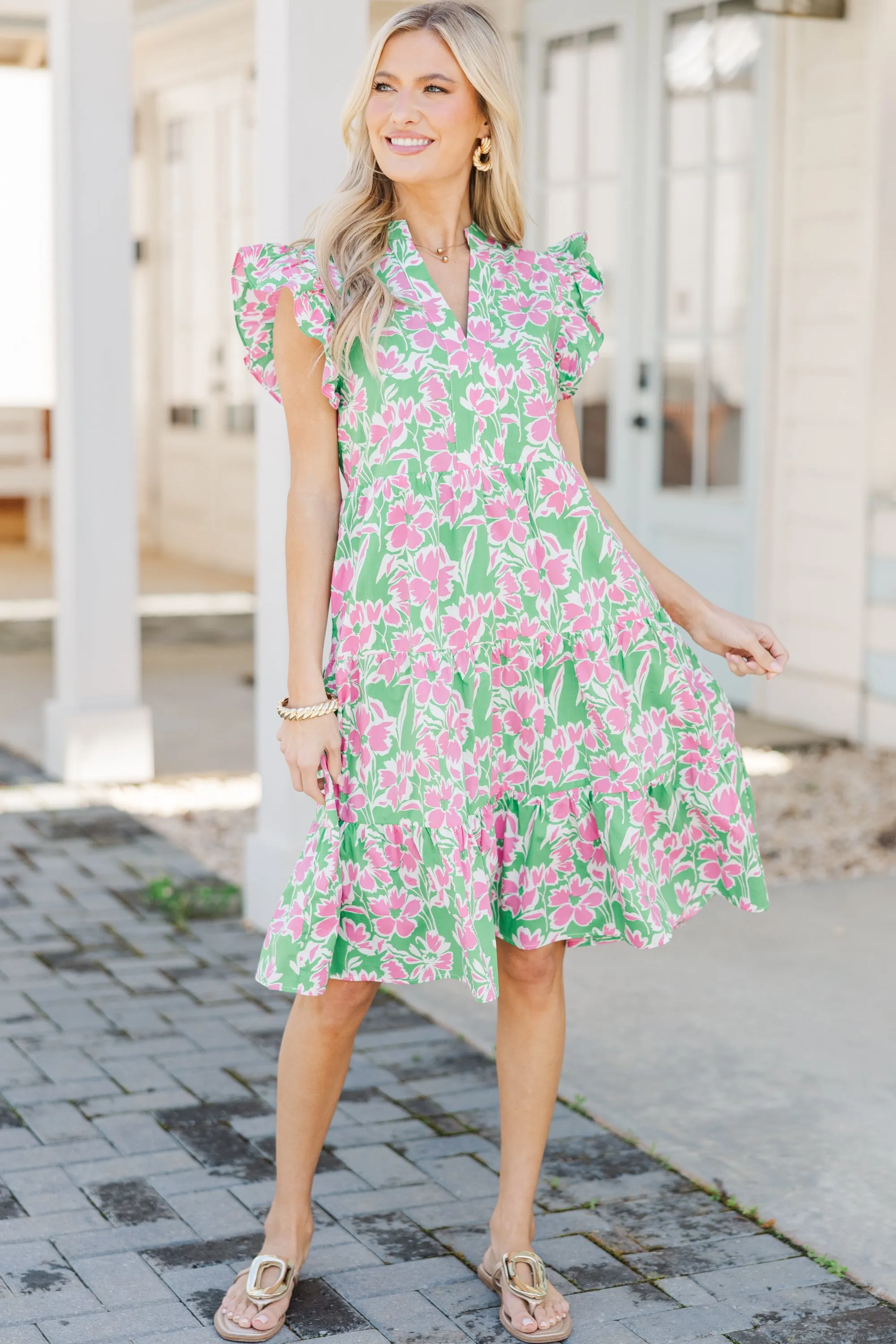 Make It Your Own Green Floral Tiered Dress
