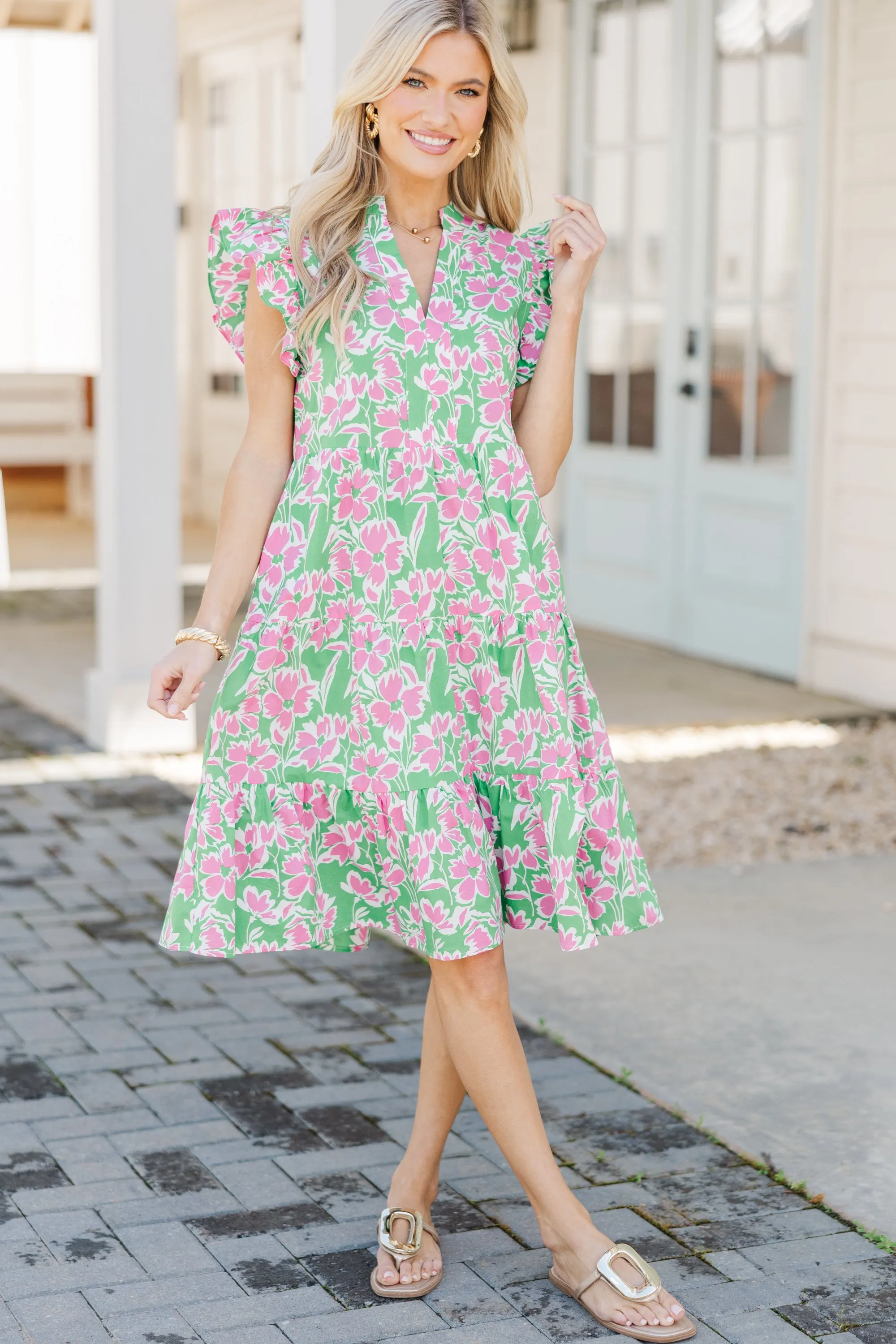 Make It Your Own Green Floral Tiered Dress
