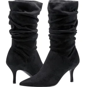Manya Black Slouchy Heeled Booties