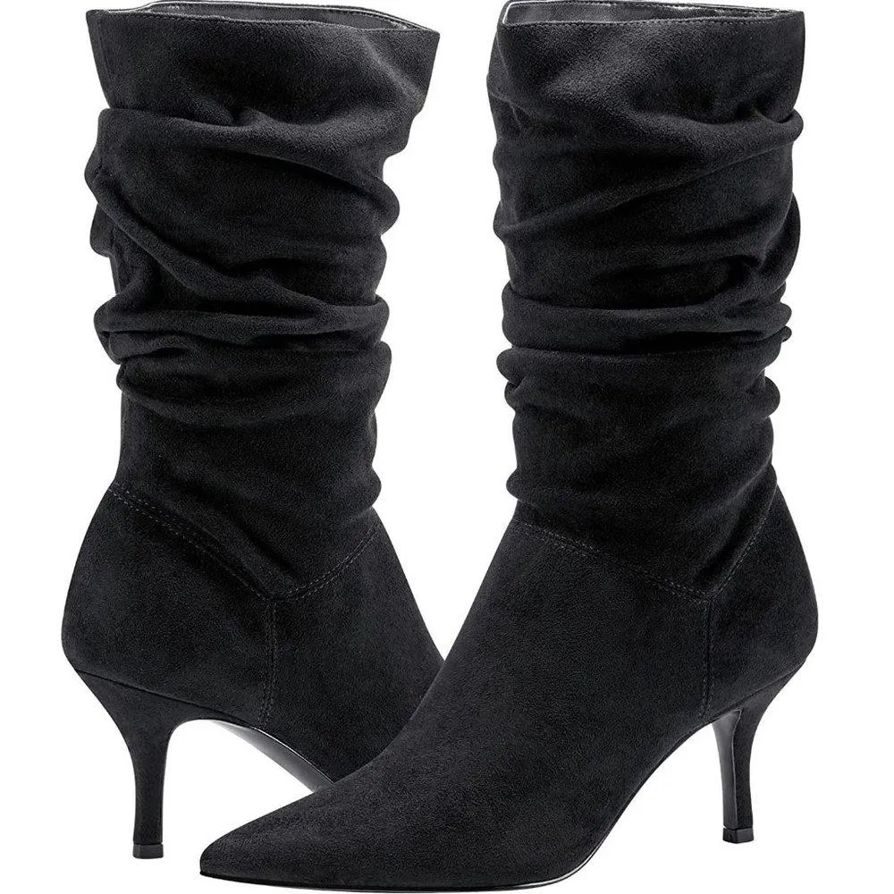 Manya Black Slouchy Heeled Booties