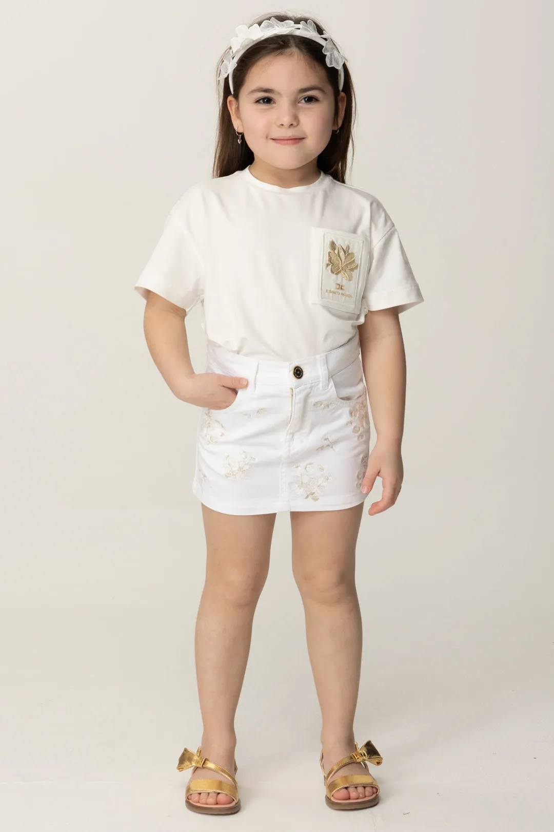 Minigonna In Jeans con Ricami Floreali