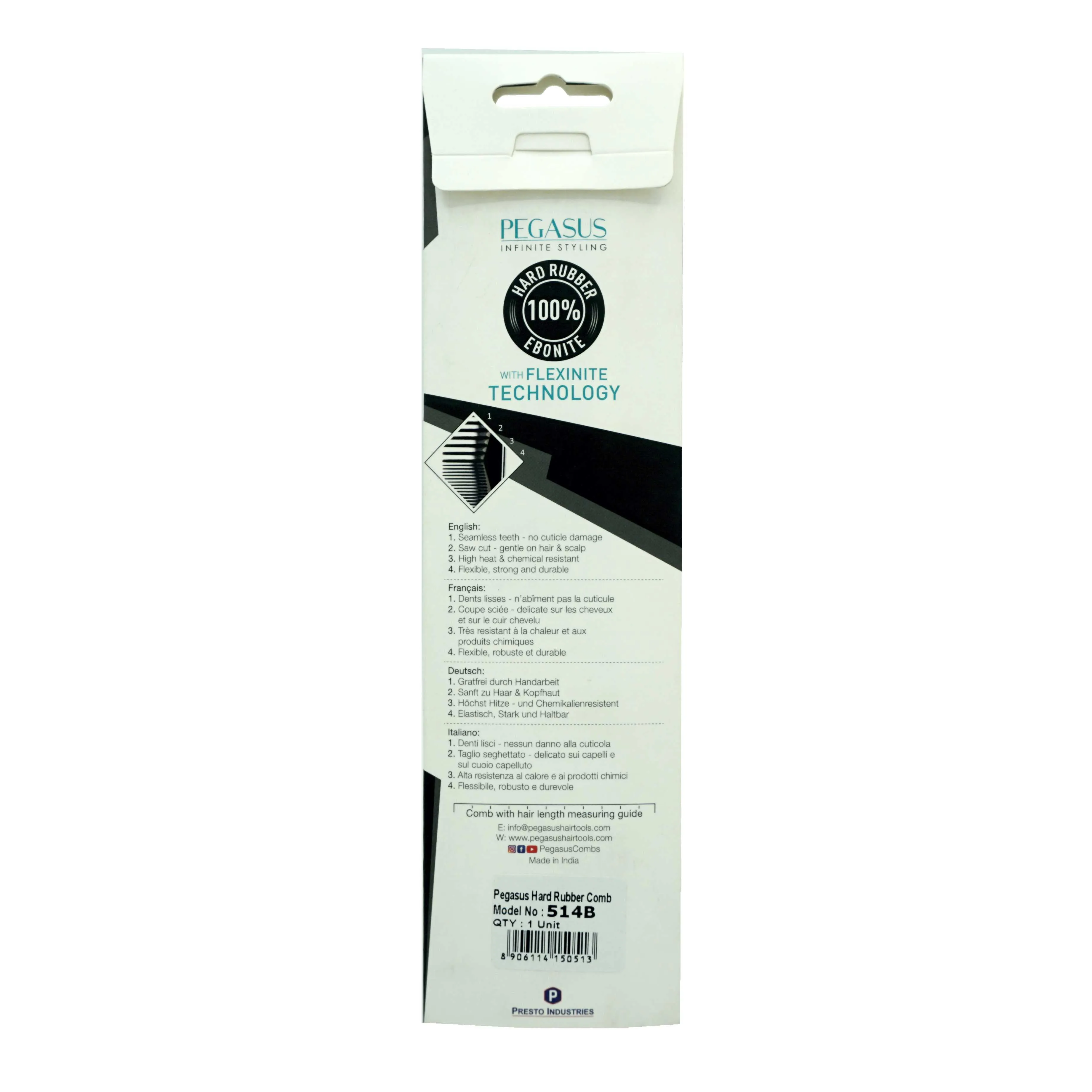 Pegasus 514B, 8.75in Hard Rubber Flattop Butch Comb, Handmade, Seamless, Smooth Edges, Anti Static, Heat and Chemically Resistant Comb | Peines de goma dura - Black
