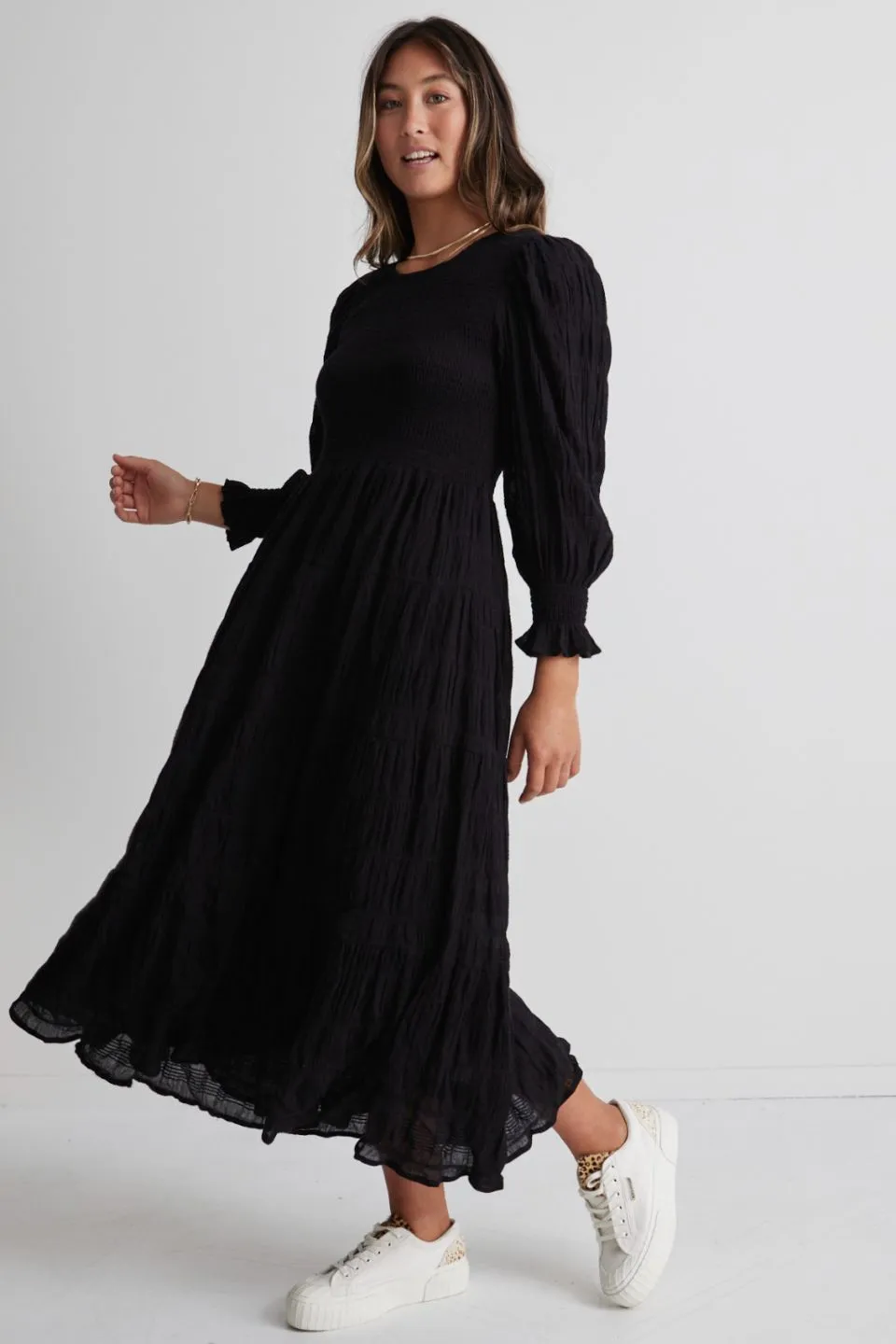 Piper Black Shirred Cotton LS Shirred Bodice Tiered Maxi Dress