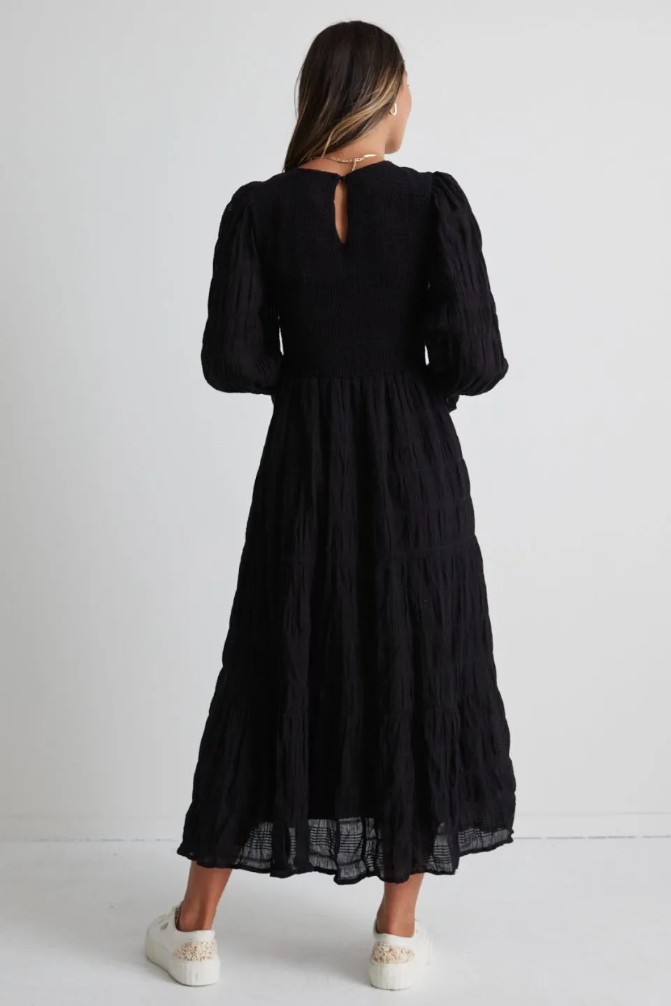Piper Black Shirred Cotton LS Shirred Bodice Tiered Maxi Dress