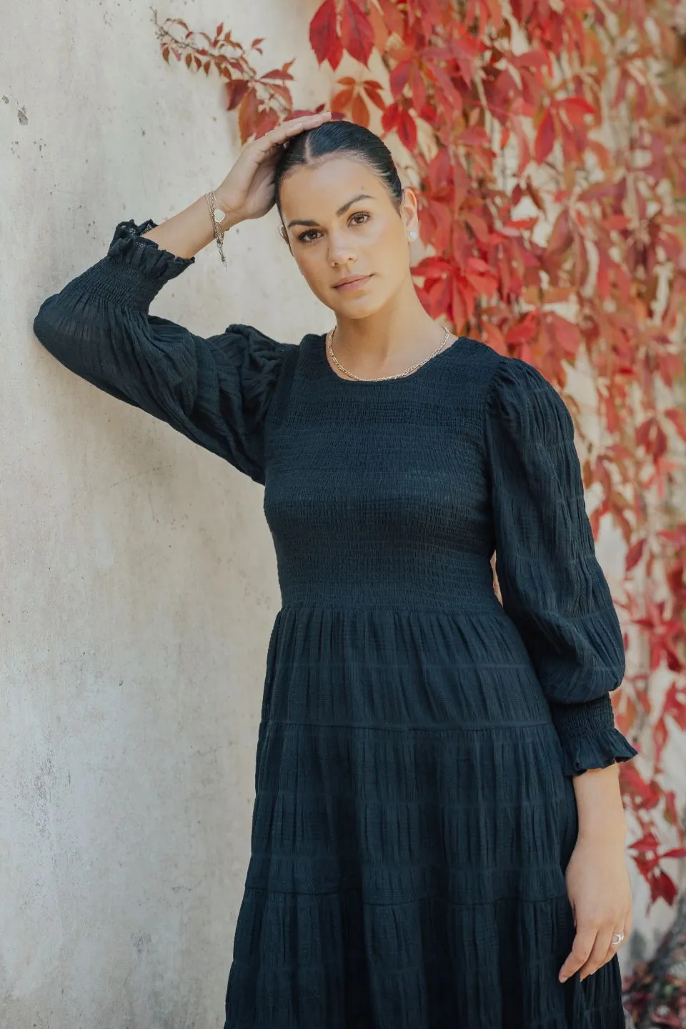 Piper Black Shirred Cotton LS Shirred Bodice Tiered Maxi Dress