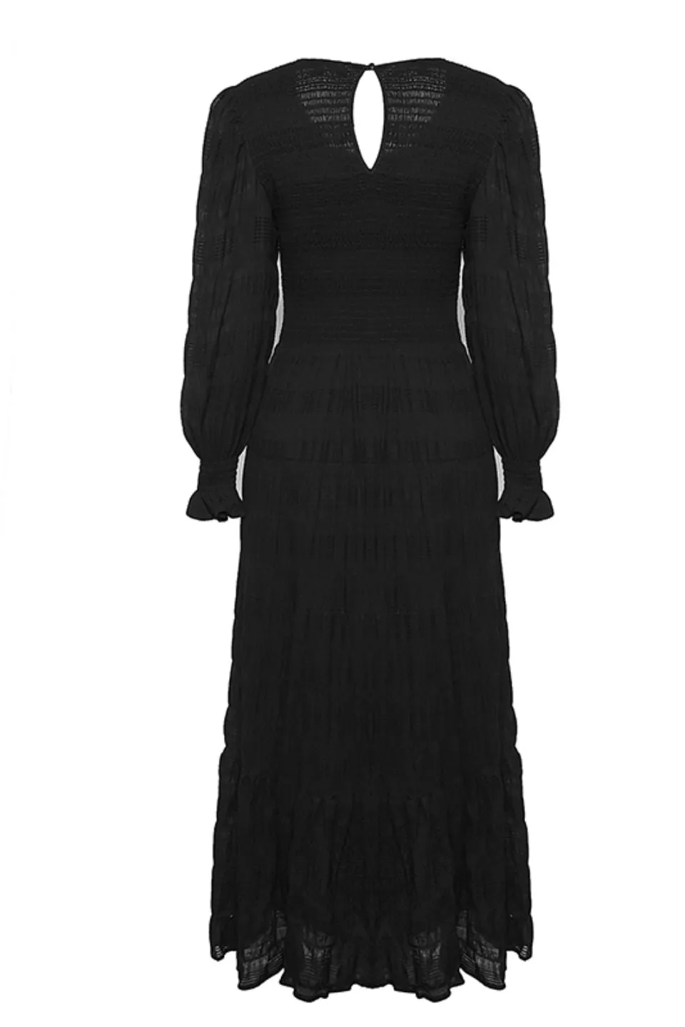 Piper Black Shirred Cotton LS Shirred Bodice Tiered Maxi Dress