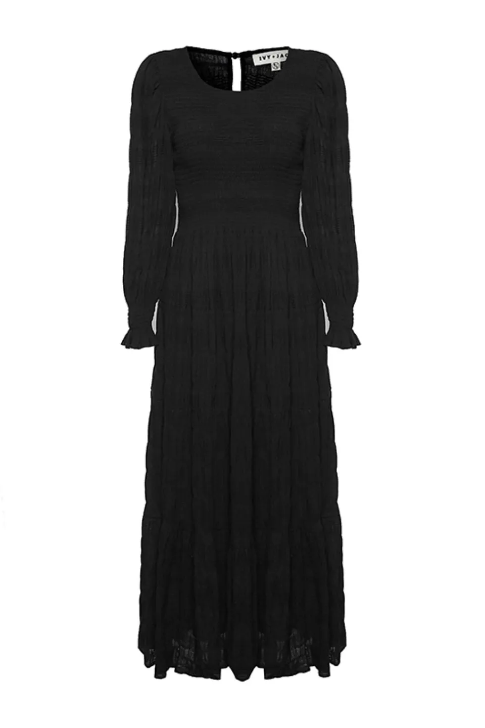 Piper Black Shirred Cotton LS Shirred Bodice Tiered Maxi Dress