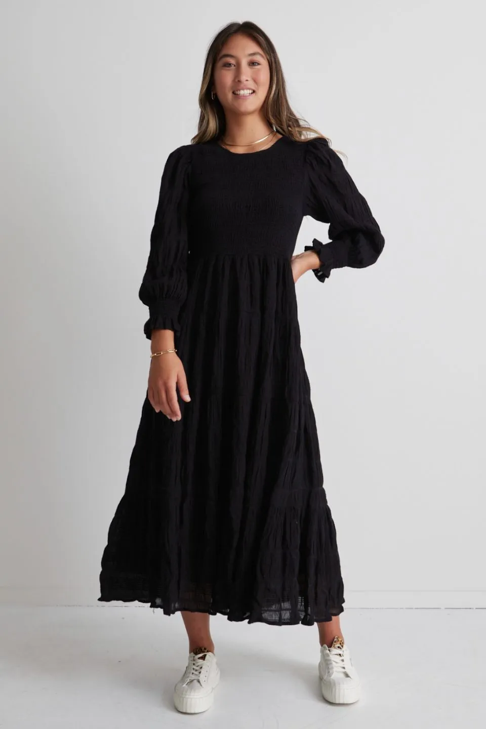 Piper Black Shirred Cotton LS Shirred Bodice Tiered Maxi Dress