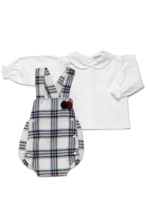 "Armant" Ivory, Blue & Red Tartan Shirt & Dungaree Romper