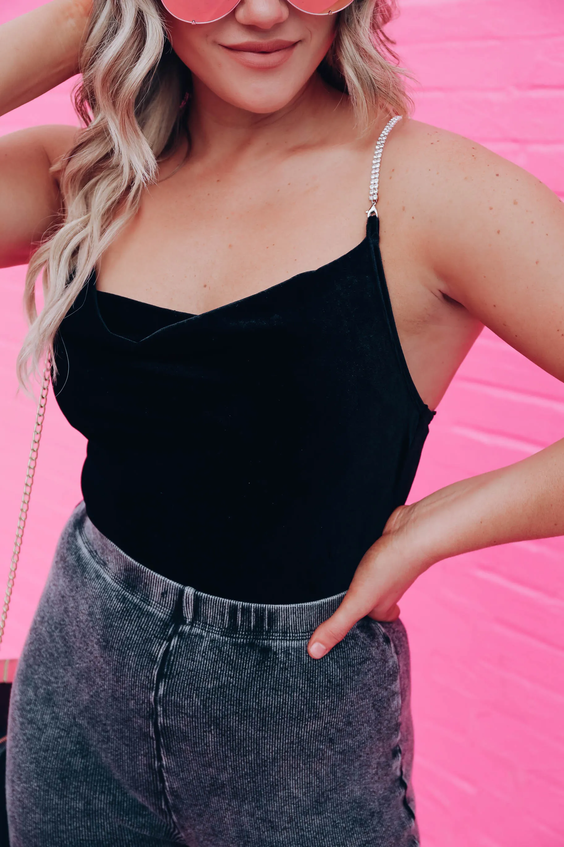 Rhinestones And Velvet Drape Neck Bodysuit - Black