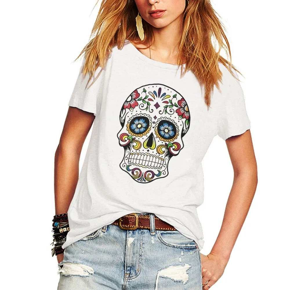 Short Sleeve Flower Skull Printed T Shirt Tops