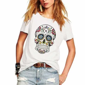 Short Sleeve Flower Skull Printed T Shirt Tops