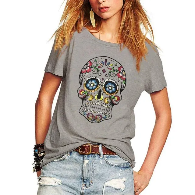 Short Sleeve Flower Skull Printed T Shirt Tops