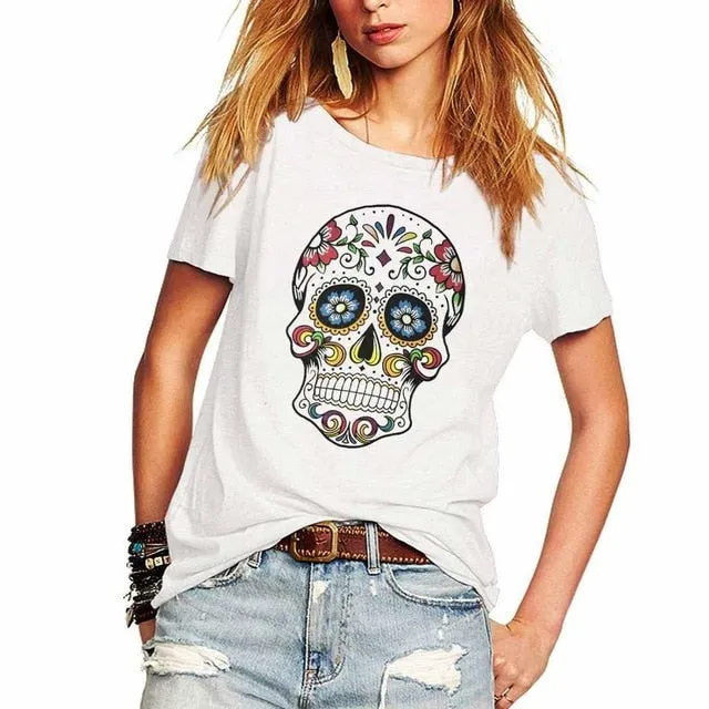 Short Sleeve Flower Skull Printed T Shirt Tops