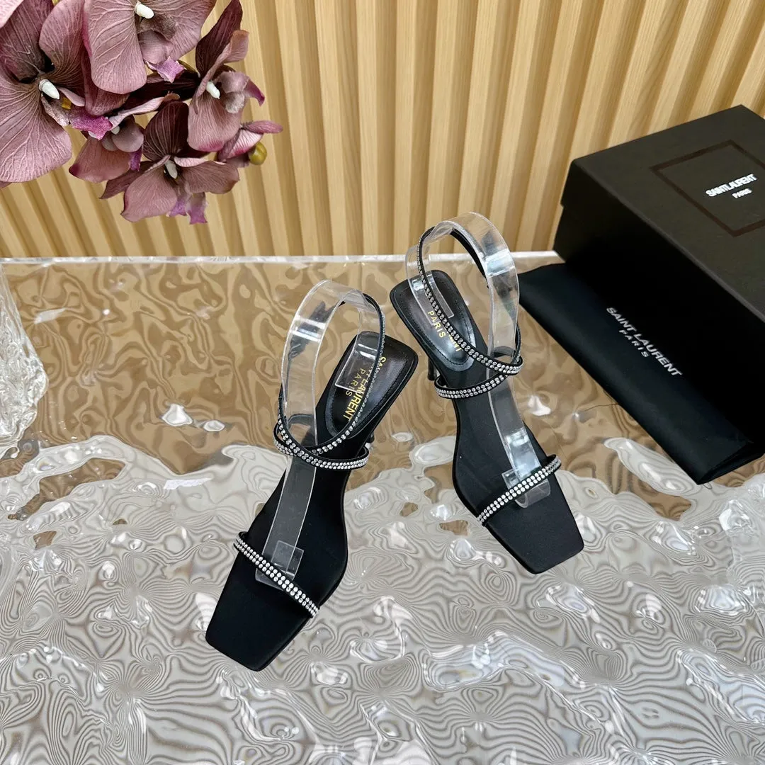 SL STRAP WHITE CRYSTAL HIGH SANDAL BLACK SATIN
