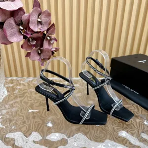 SL STRAP WHITE CRYSTAL HIGH SANDAL BLACK SATIN