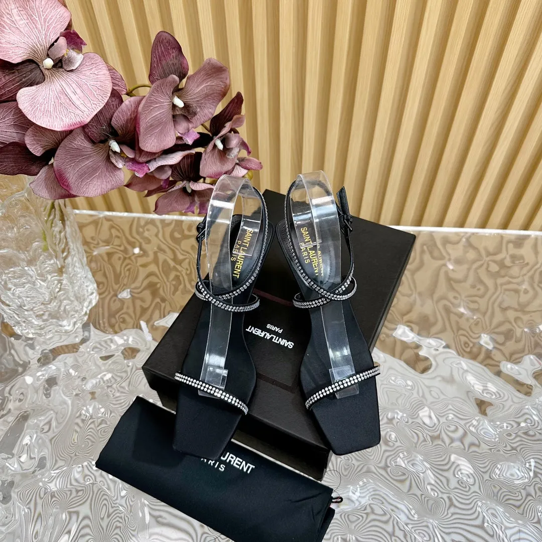 SL STRAP WHITE CRYSTAL HIGH SANDAL BLACK SATIN