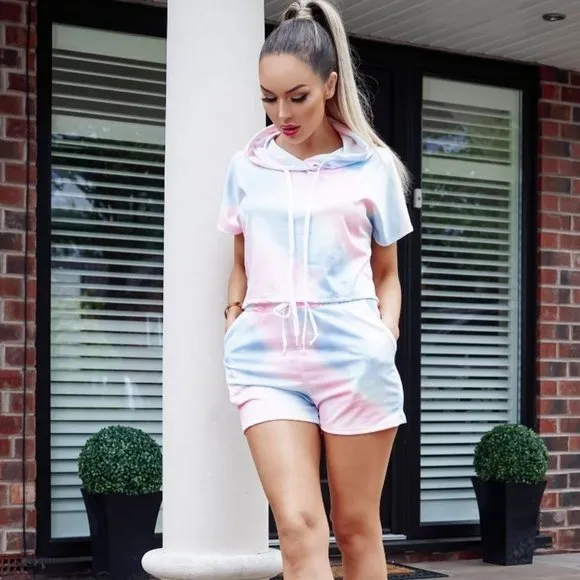 Tie Dye Short Sleeve Hooded Top and Shorts Set