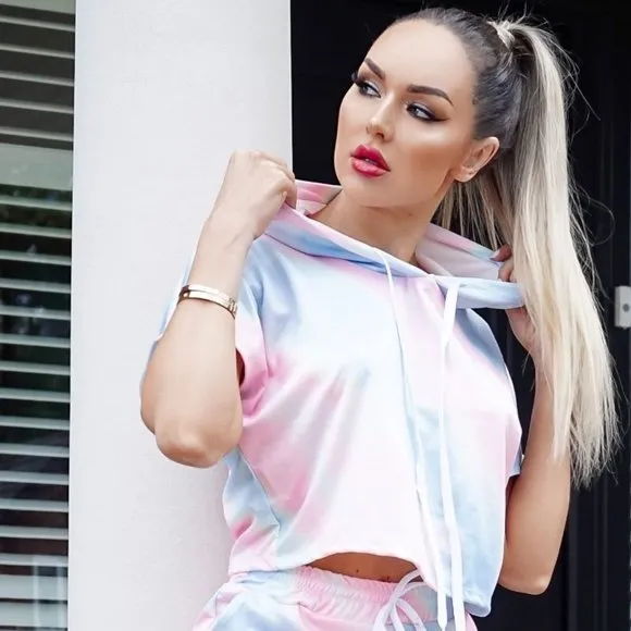 Tie Dye Short Sleeve Hooded Top and Shorts Set