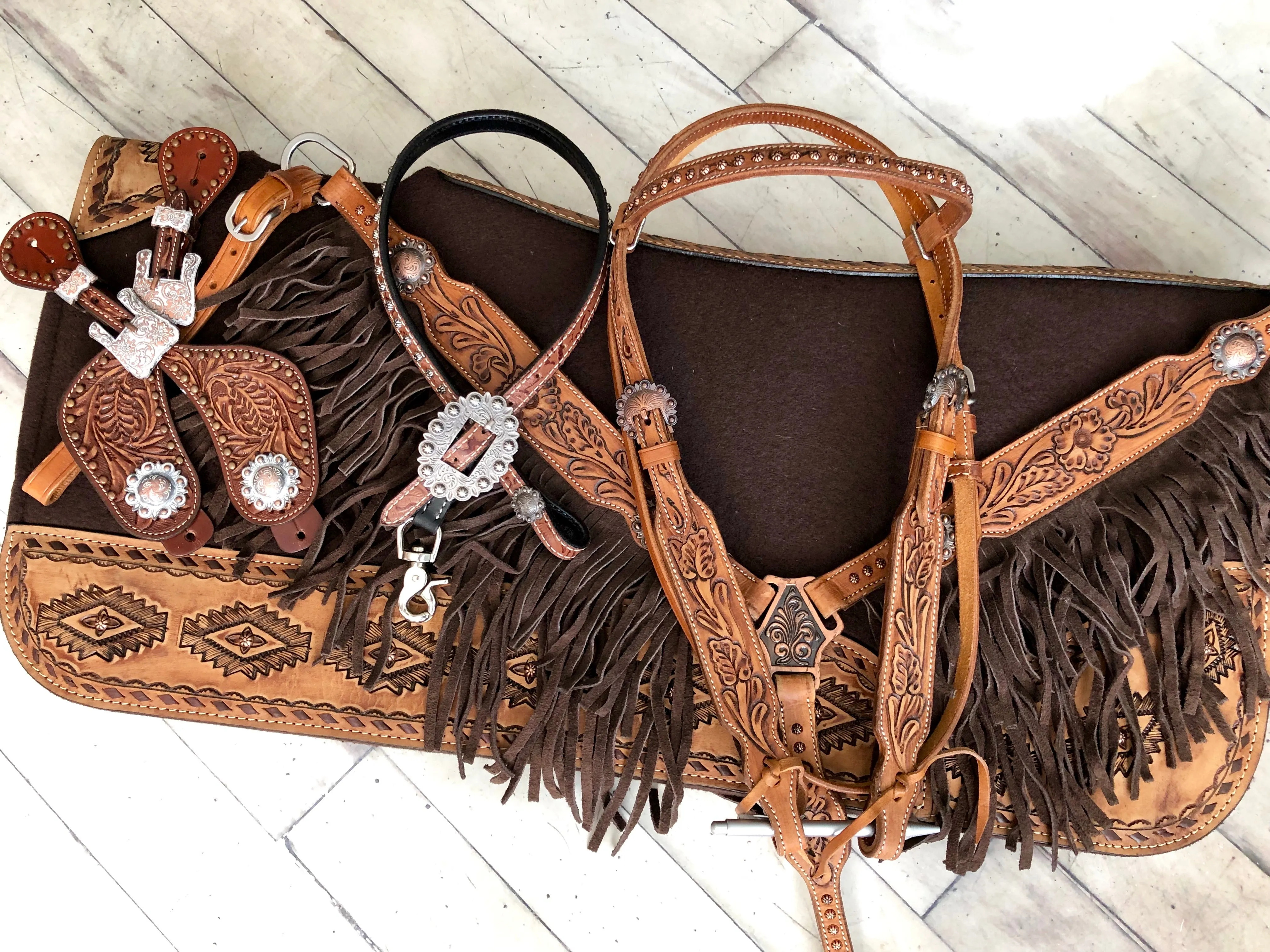 Tooled Leather Tack Set With Dark Suede Fringe